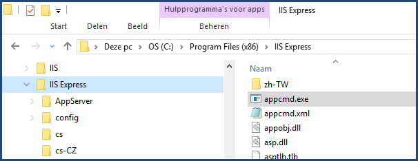 Locatie appcmd.exe in Windows Verkenner